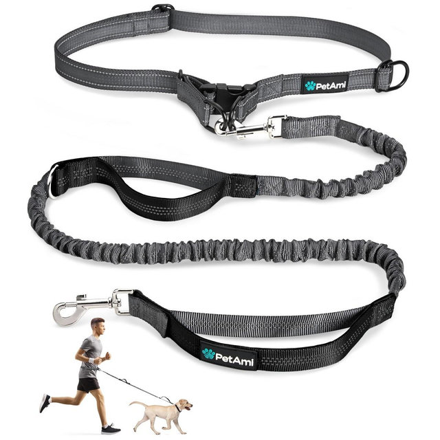 PetAmi Heavy Duty Hands-Free Waist Leash for Dog Walking Jogging Hiking, Bungee Belt with Padded Dual Handle for All Size Pet up to 150 lbs, Gray