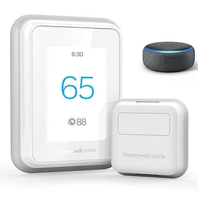 Echo Dot (3rd Gen) - Charcoal Fabric bundle with Honeywell Home T9 WIFI Smart Thermostat, Smart Room Sensor included