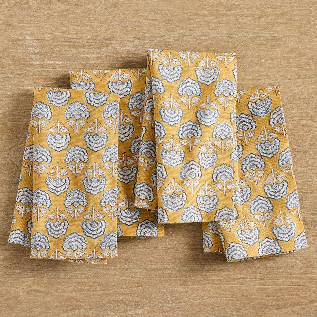 Buta Flower Cotton Napkins, Set of 4 - Yellow Multi