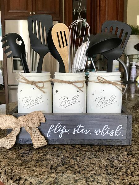 Farmhouse Flip. Stir. Whisk. Mason jar utensil holder