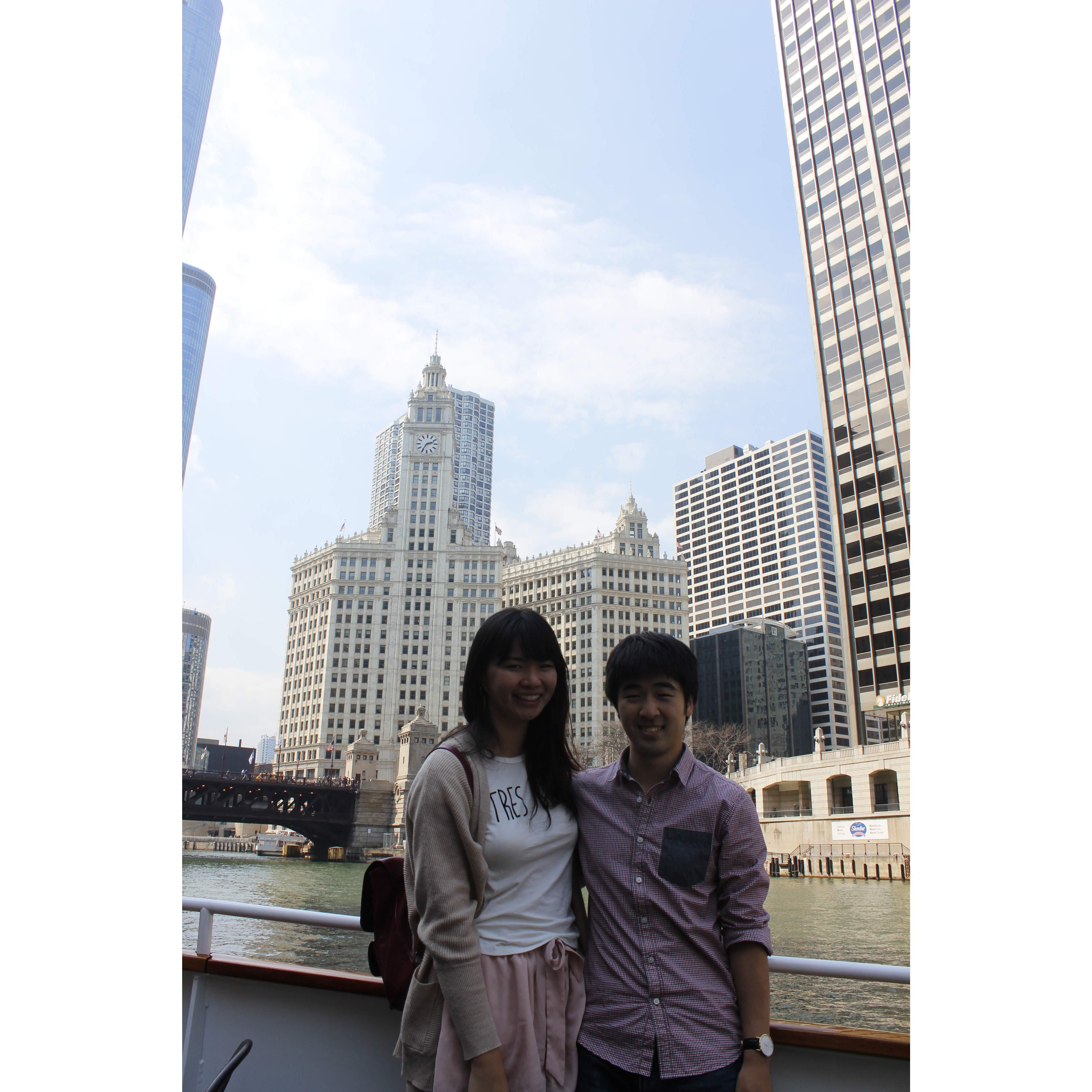 Traveled to Chicago together (thanks for the cheap tix, Spirit Airlines!) in Spring 2015. This was taken on the Architecture Cruise on the Chicago River.