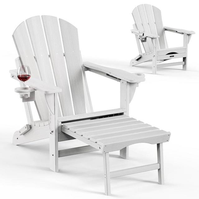 Ciokea Folding Adirondack Chair with Retractable Ottoman Fire Pit Chair Patio Adirondack Chair Weather Resistant Lawn Outdoor Lounge Chair with 2 Cup Holder（White）