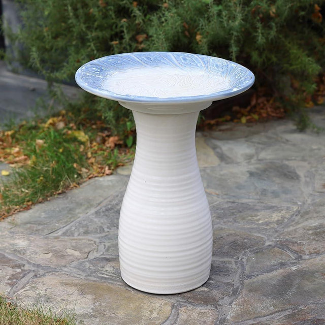LuxenHome 20 Inch Ceramic Bird Bath for Outside, Elegant Concrete Tall Outdoor Bird Bath, Lightweight Pedestal Glazed Birdbaths for Outdoors with Feather Pattern, White and Blue