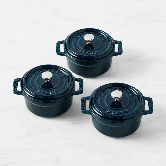 Staub Enameled Cast Iron Mini Cocotte Set of Three, 1/4-Qt., La Mer
