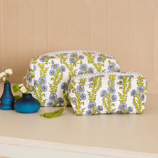 Forget-Me-Not 3-Piece Blockprint Makeup Bag Set