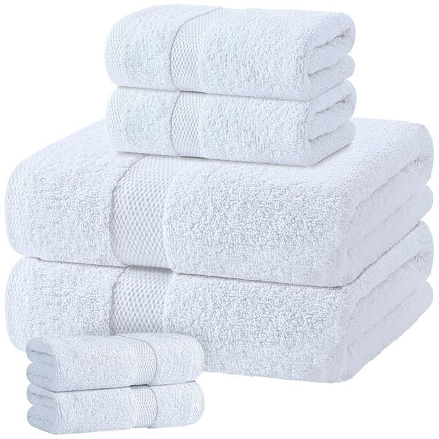 White Bath Towel Set of 6 - 100% Cotton Highly Absorbent Towels for Bathroom, 2 Luxury Bath Towels 650GSM, 2 Hand Towels, 2 Washcloths