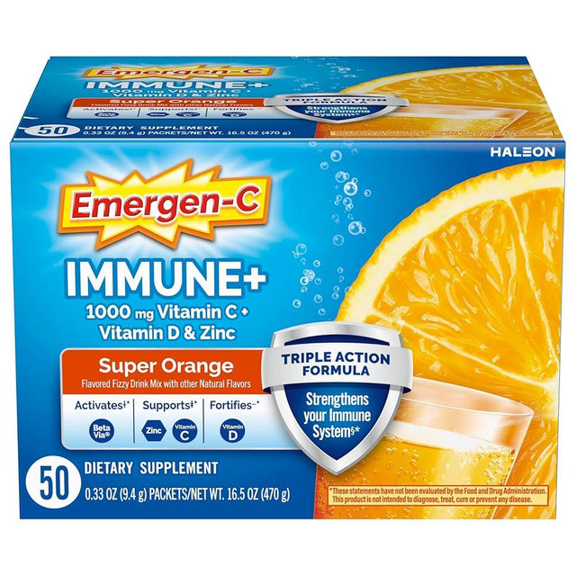 Emergen-C Immune+ Triple Action Immune Support Powder, BetaVia (R), 1000mg Vitamin C, B Vitamins, Vitamin D and Antioxidants, Super Orange, Back to School Essentials – 50 Count
