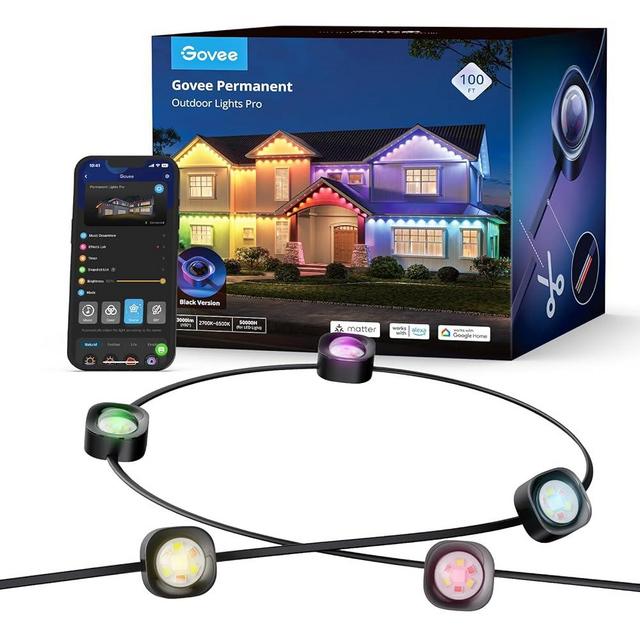 Govee Permanent Outdoor Lights Pro, 100ft with 60 RGBIC LED Lights for Daily and Accent Lighting, 75 Scene Modes for Outdoor Decor, IP67 Waterproof, Works with Alexa, Google Assistant, Matter, Black