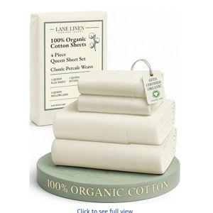 LANE LINEN 100% Organic Cotton Queen Sheets, 4Pc Cotton Sheets Set, Classic Percale Weave Bedsheets Queen Size Bed, Soft Breathable Sheet & Pillowcase Sets, Deep Pocket 15" - Natural