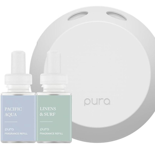 Pura - Smart Home Fragrance Device Starter Set - Pura 4 - Scent Diffuser for Home - Includes Fragrance Aroma Diffuser - Square Box, Pacific Aqua and Linens & Surf Scent Refills