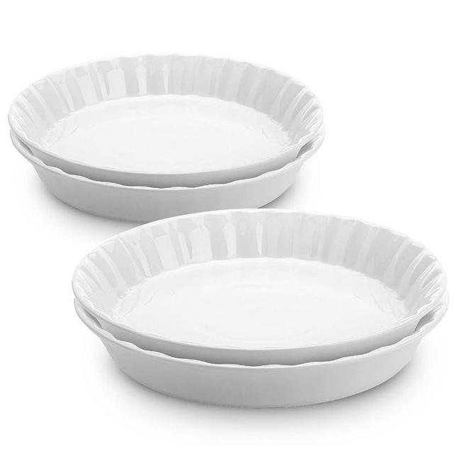 Brew To A Tea BTaT- Classic White Ceramic Pie Dish Set, 4 pcs, 10.5" & 9.5", Pie Pans for Baking, Christmas Gifts