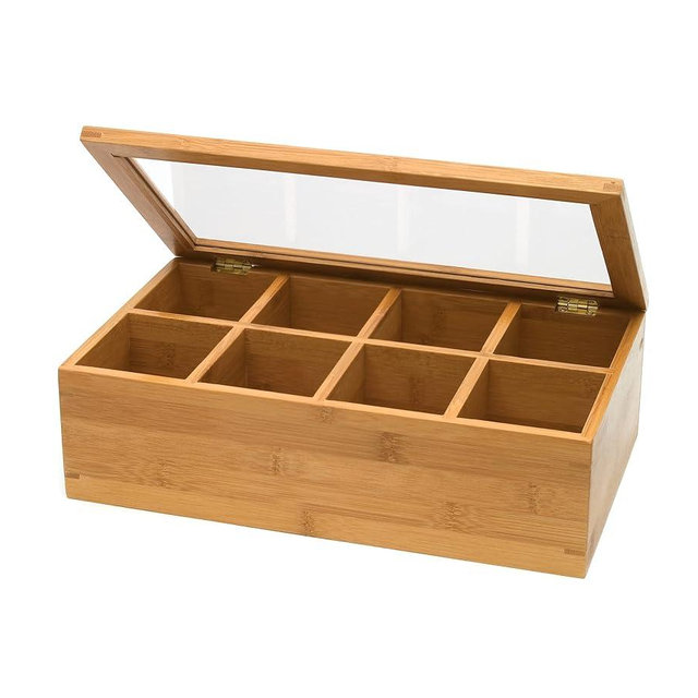 Lipper International Bamboo Wood Tea Box with Clear Lid, 8 Compartments, 12-1/2" x 7-1/2" x 3-5/8"