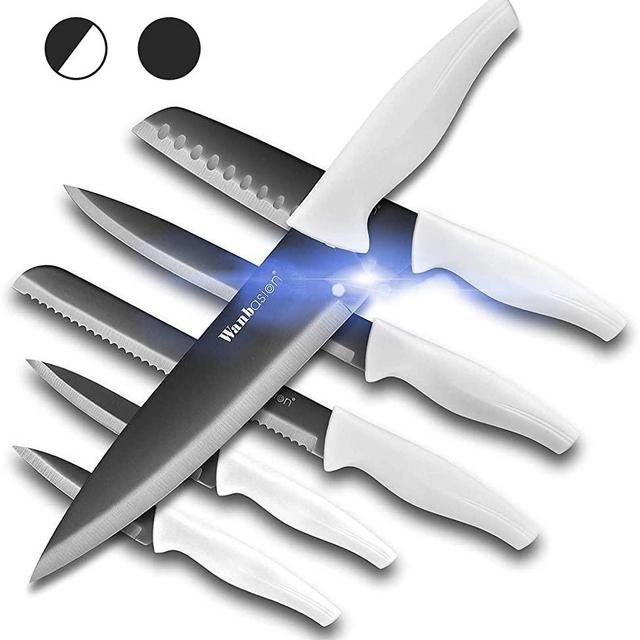 Wanbasion 6 Pieces Black Titanium Plated Stainless Steel Kitchen Knife Set, Sharp Professional Knife Set with Sheath, Scratch Resistant And Rust Proof, For Chef Cooking Cutting with White Handle