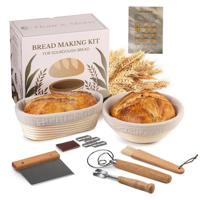 Premium Grade Bread Proofing Basket Gift Set. Includes 9 Inch Round & 10 Inch Oval Baskets, Liners, Scraper, Blade, Basting Brush & Instructions.For Sourdough Bread Making. Flour & Stone, a USA Brand