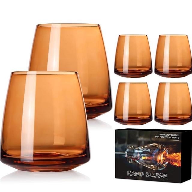 Brown Stemless Wine Glasses Set 6-Colorful Wine Glasses Stemless for Wine water,whiskies, juices, cocktails,Unique Gifts for Mother day Birthday Wedding Party