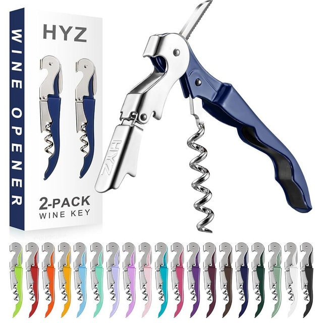 HYZ 2-Pack Wine Opener Waiter Corkscrew, Professional Wine Key for Servers, Bartender with Foil Cutter, Manual Wine Bottle Opener Double Hinged (Navy Blue)