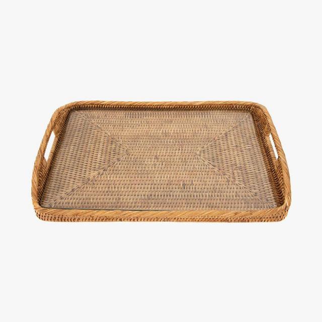 Tava Handwoven Rattan Rectangular Serving Tray With Glass Insert, 14"L X 10"W, Natural