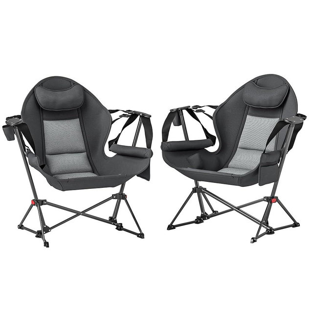 Outsunny Double Hammock Camping Chair, Adjustable Back Folding Rocking Chair Swinging Hammock Chair with Cup Holder, Headrest and Padded Seat for Travel Sports Concerts Lawn Backyard, Gray