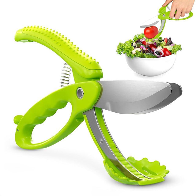 Salad Scissors for Chopped Salad – Multiblade Food Scissor Chopper With Spring-Loaded System & Anti-Slash Head for Fast Double Cutting – 8.9" Handy Size Lettuce Chopper, Stainless Steel Blades