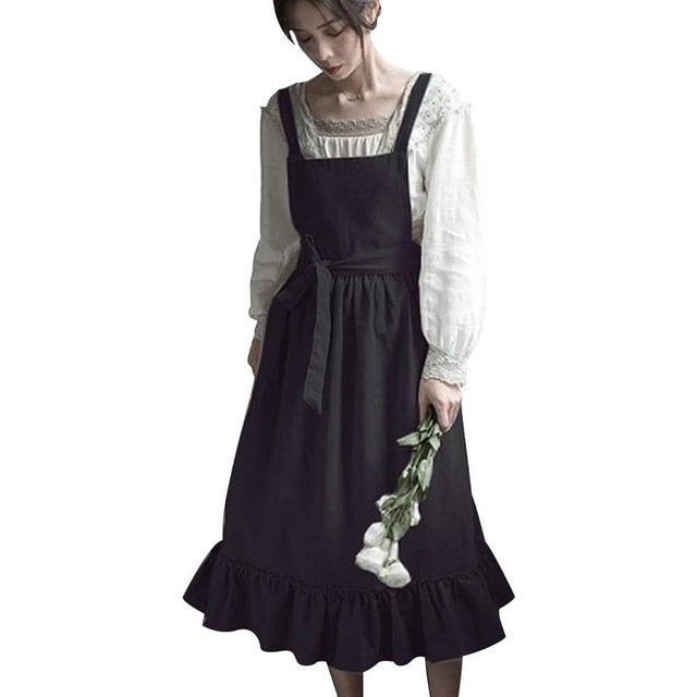 OBEEII Cute Cotton Linen Apron for Women Girls Vintage Baking Kitchen Cooking Gardening Work Apron Pinafore Dress