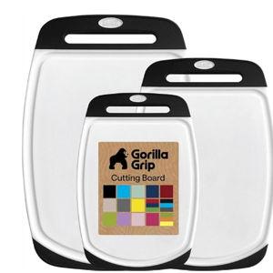 GORILLA GRIP BPA-Free Reversible Kitchen Cutting Board Set of 3, US Designed, Nonporous, Juice Grooves Catch Liquid, Slip Resistant Border, Dishwasher Safe, Durable Large Food Chopping Boards, Black