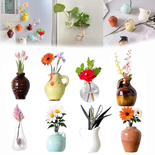 8PCS Mini Vase Magnets for Fridge,Small 3D Ceramic Flower Vase Cute Fridge Magnet Set for Decorating Kitchen Storage Cabinet Office (B-8PCS)