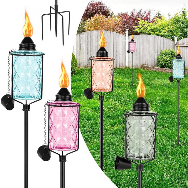 4-Pack Garden Torches for Outside,12 oz Glass Citronella Torches with 4-Prong Stake - Height Adjustable & Refillable Flame Light Torch for Party Patio Pathway Landscape Decor (Multi Color)