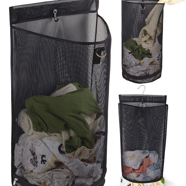 Hanging Collapsible Mesh Laundry Hamper - Breathable Fast Drying Laundry Bag, Space Saving Laundry Basket for Dorm, RV & Bathroom (Black)