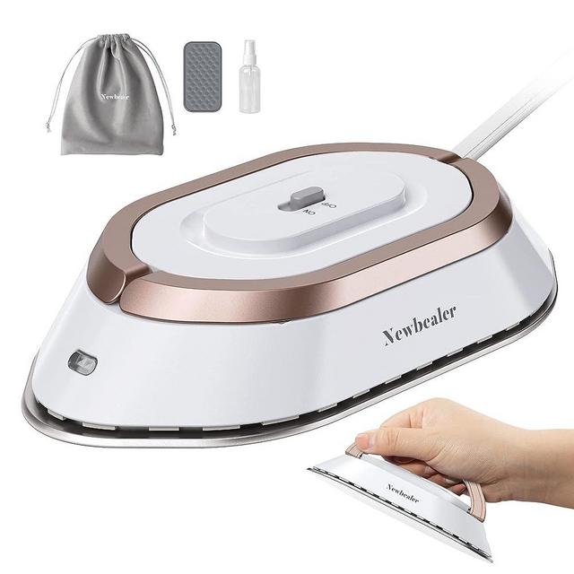 Newbealer Travel Iron with Dual Voltage - 120V/220V Lightweight Dry Iron for Clothes (No Steam), Non-Stick Ceramic Soleplate, 302℉ Mini Heat Press Machine, w/Spray Bottle, Pouch & Silicone Stand