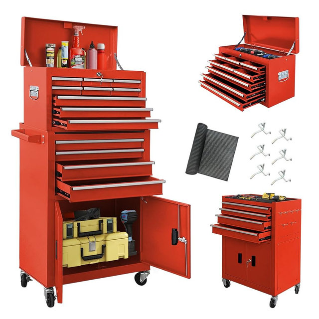13-Drawer Double Doors Tool Chest, 2 in 1 Detachable Rolling Tool Chest, Large Tool Box with Drawers, Mobile Tool Cabinet with Lock, Metal Standing Toolbox for Garage Workshop-Red