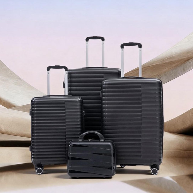 Whisen 4 Piece in PP Spinner Wheel Luggage Set, Carry on Suitcase, Iron Pull Rod, Combination Password Lock - Black