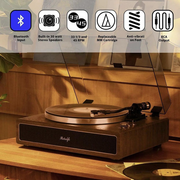 Retro Style Bluetooth Input Record Player with 40W HiFi Speakers & ATN-3600L Stylus R517
