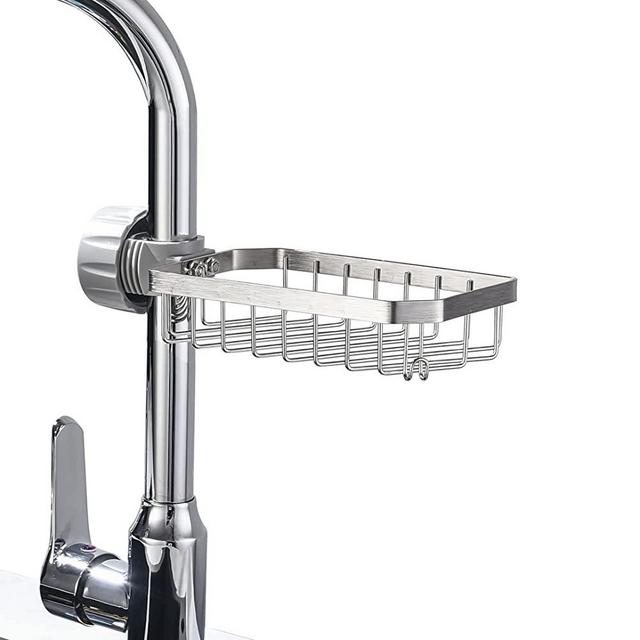 LONIN Sponge Holder Over Faucet Kitchen Sink Caddy Organizer, Stainless Steel Detachable Hanging Faucet Drain Rack for Bathroom, Scrubbers, Soap, Chrome
