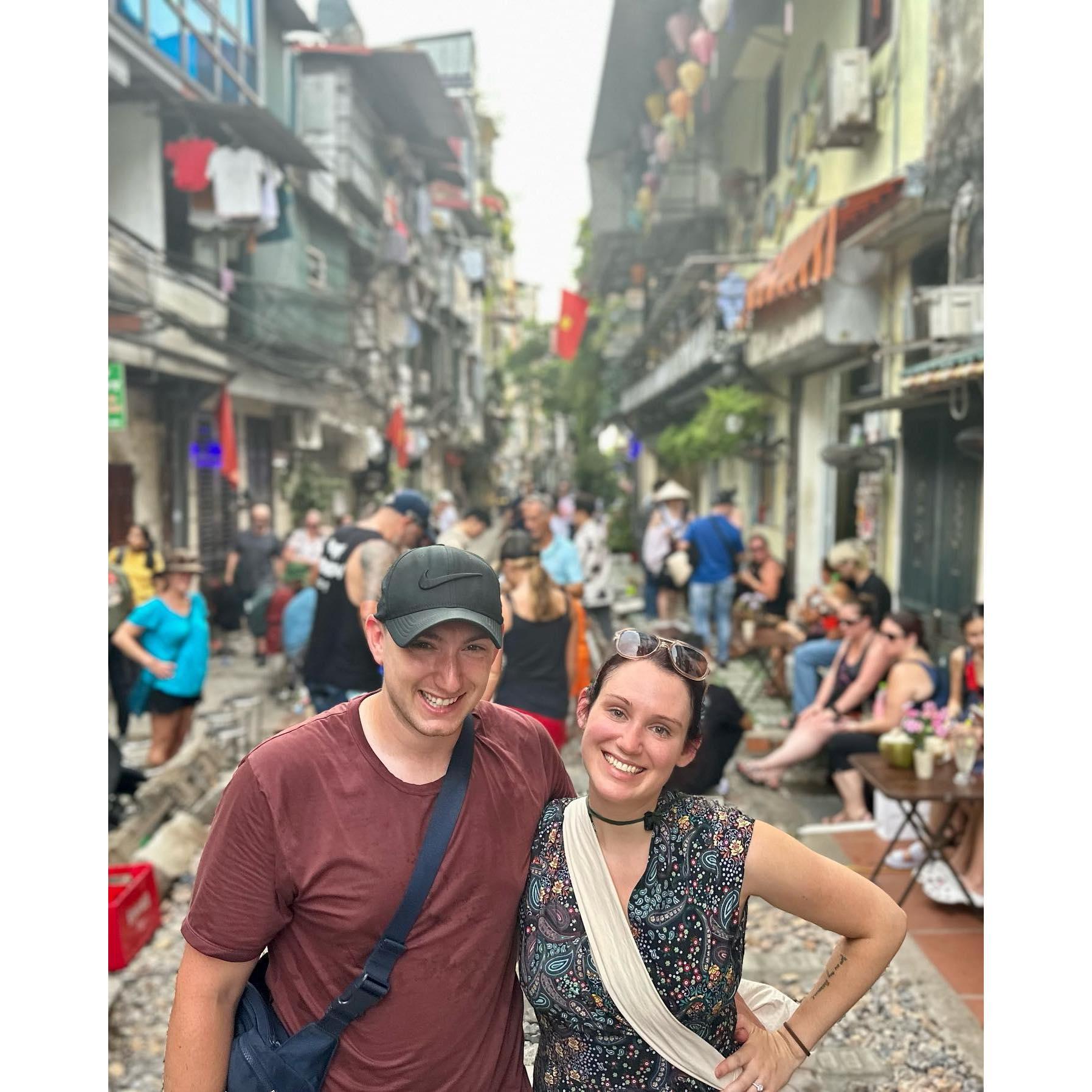 Standing in the middle of Train Street in Hanoi, Vietnam.
