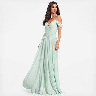 Ruched Cold-Shoulder Long Bridesmaid Dress - Mist