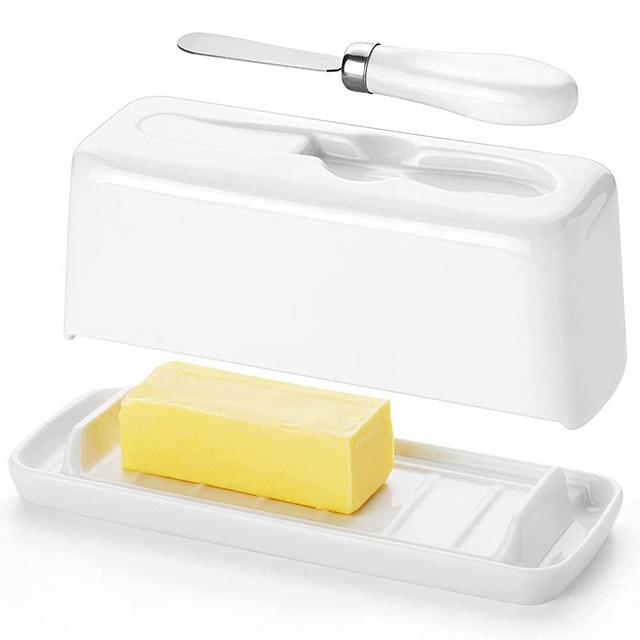 Gurygo Ceramic Butter Dish with Lid and Knife, No Mess Lid, Butter Dish with Lid for Countertop, Kitchen Countertop Butter Keeper, Holds 1 Stick, Microwave/Dishwasher Safe (White)