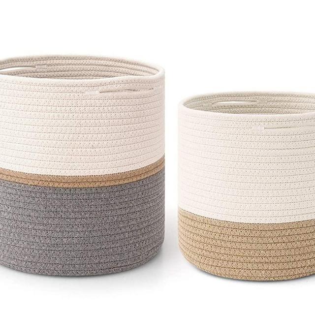 MoonLa 2-Pack Cotton Rope Plant Basket Woven Indoor Planters for Indoor Plants | Storage Basket for Crafts, Toys, Towels and More (12"x12" & 10"x10", Grey/Brown/White)