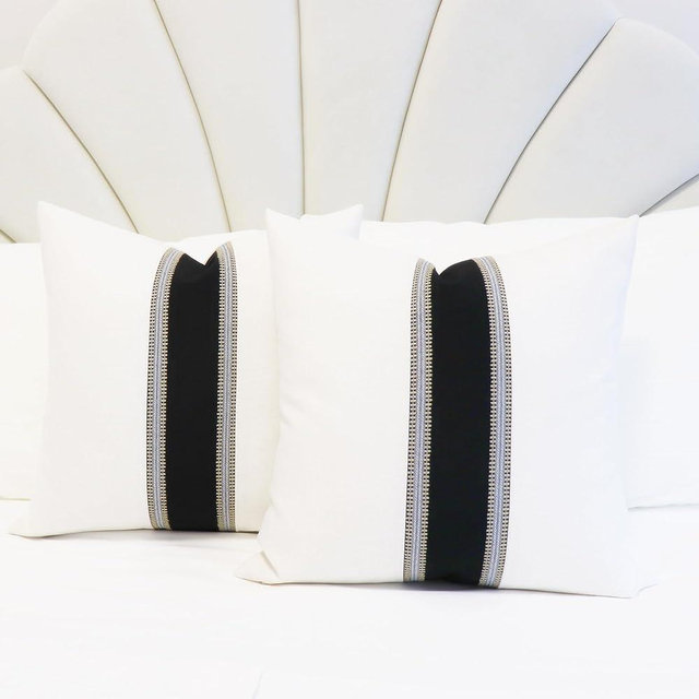 Slow Cow Pack of 2 Linen Off White and Black Patchwork Throw Pillow Covers Decorative Cushion Covers Square 20 x 20 Inches