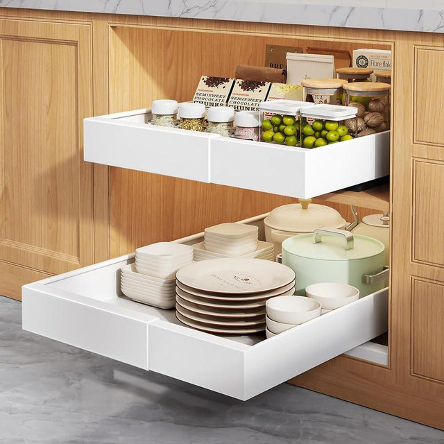 Seinloes 2 Pack Pull Out Cabinet Organizers 21" Deep With Raising Pad for Framed Cabinets, Expandable Width (9"-14") Slide Out Drawers Upgrade 3 Slide Rails, Roll Out Shelves Adhesive, White