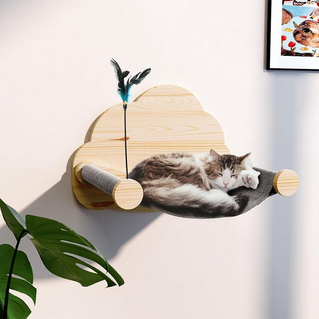 PUPETPO Cat Hammock Bed for Wall with a Teaser Wall Mounted Cat Furniture Solid Wood Perch for Sleeping, Playing, Climbing, and Lounging for Kitty & Kitten