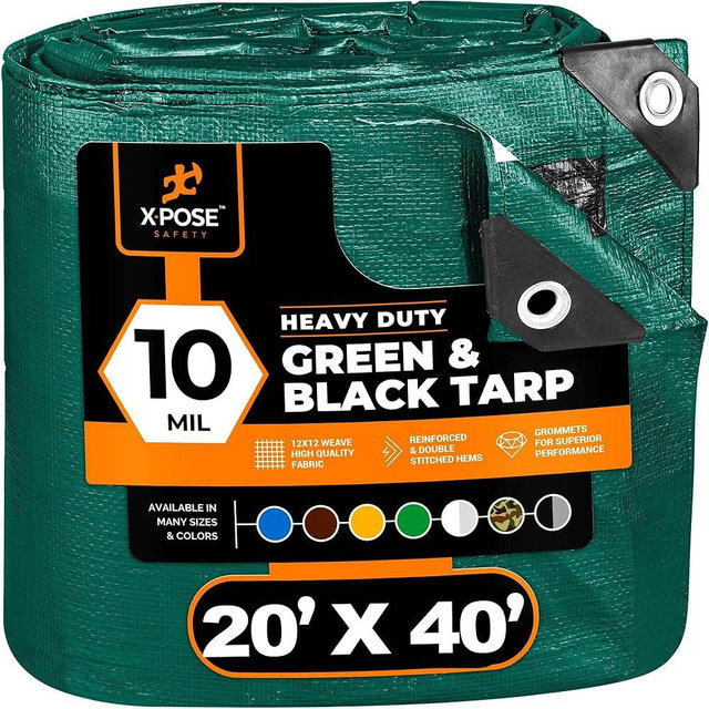 Heavy Duty Poly Tarp 20 Feet x 40 Feet 10 Mil Thick Waterproof, UV Blocking Protective Cover - Reversible Green and Black - Laminated Coating - Grommets - by Xpose Safety