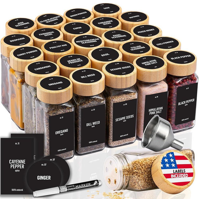 Deco haus Glass Spice Jars with Bamboo lids 24 x 4oz [LABELS incl] Spice Containers with 280 Labels, Funnel & Chalk Marker - Empty Herb Seasoning Containers, Small Seasoning Bottles for Herb