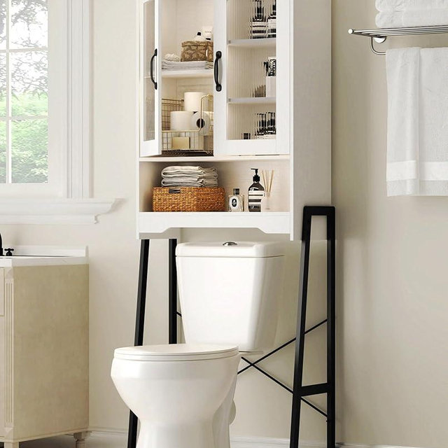 Over The Toilet Storage Cabinet with Tempered Glass Doors & Metal Stand, Over Toilet Organizer with Adjustable Shelf Space Saver Over Toilet , Tall Freestanding Shelf/Rack for Bathroom, Modern, White