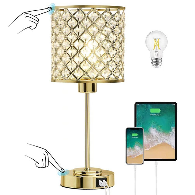 GyroVu Crystal Table Lamp for Bedroom, Touch Control Bedside Lamp with USB-C+A Ports, Dimmable Gold Bedside Lamp with Bulb, Nightstand Lamp Modern Light for Living Room