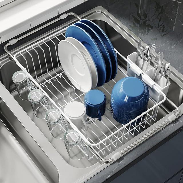 JASIWAY Dish Drying Rack in Sink - Small Dish Drainers for Inside Sink, Over The Sink Dish Racks, Stainless Steel Sink Drying Rack with Utensil Holder, White