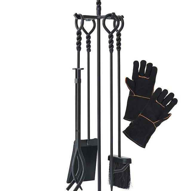 Lichamp Fireplace Tools Set, 5-Pieces Indoor Outdoor Sturdy Fire Place Poker Sets with Retro Handle and Heat Resistant Leather Gloves, FTS55BK
