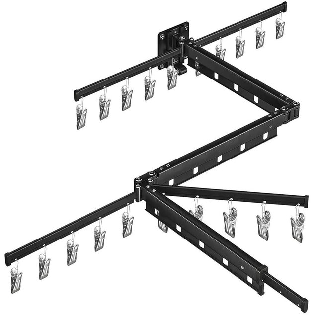 BESy Tri-Fold Foldable Clothes Drying Rack Retractable Hanging Collapsible Dryer Hanger Racks for Laundry Balcony Bathroom Space Saver Outdoor Indoor 20 Clips Aluminum Alloy Wall Mounted Matte Black