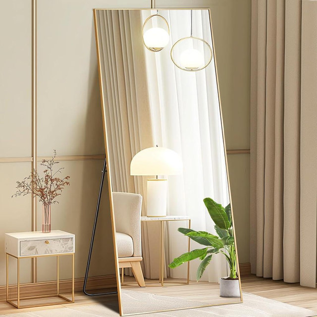 DUMOS Full Length Mirror with Stand 64"x21" Floor Standing Aluminum Frame for Bedroom Body Hanging Leaning Modern Simple Home Decor Shatter-proorf Nano Glass Wall Living Room Cloakroom Gold