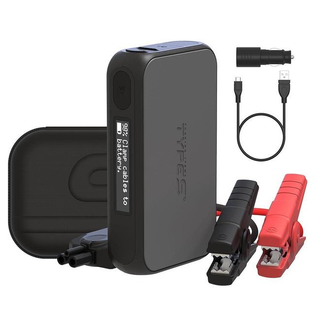 Type S Dynamic D10 1000A Portable Battery Car Jump Starter with Power Bank, 12V 6L Gas 3L Diesel, LCD Display, Battery Jump Box, 8000mAh, LED Flashlight, IP64 Splash-Proof, USB-C & USB-A, UL Listed