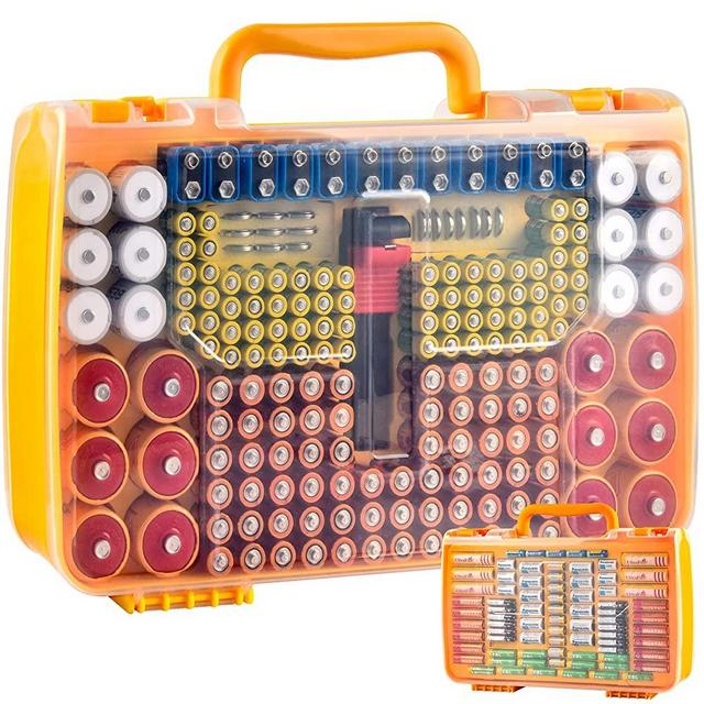 Aptbyte Battery Organizer Storage Holder Box Case with Tester- 269 Batteries Double-Sided Variety Pack, Holds AA AAA 4A C D Cell 9V 3V Lithium LR44 CR2 CR123 CR1632 18650 Button- Yellow (Box Only)